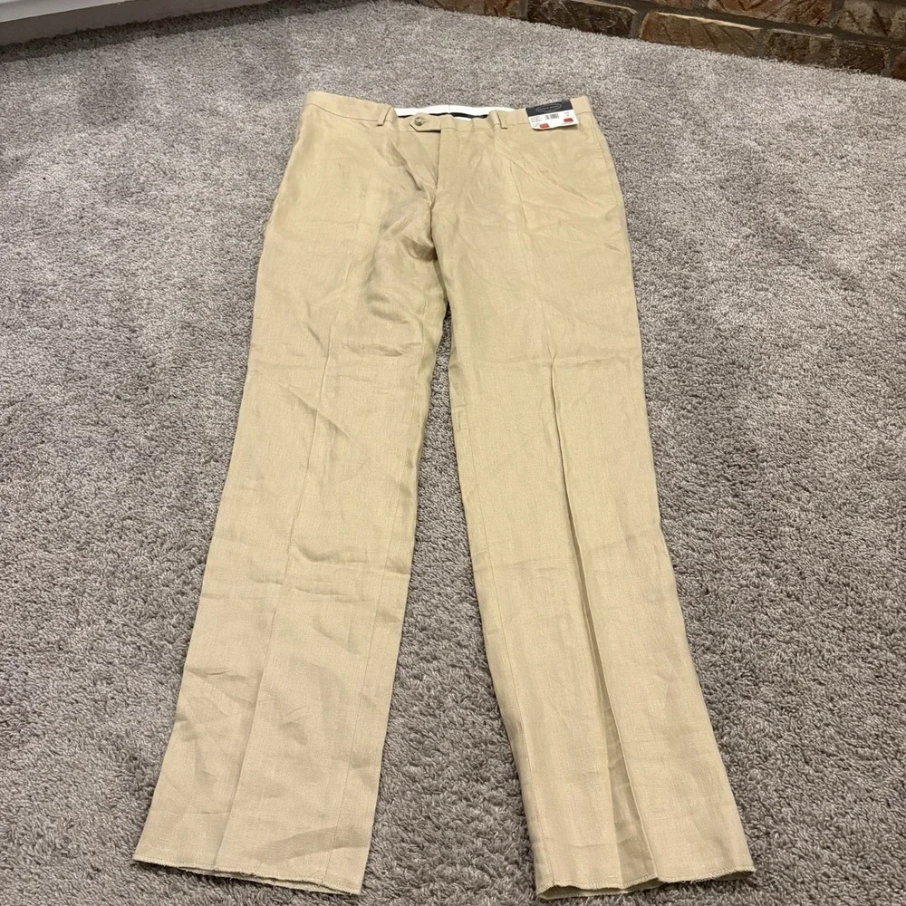 Pronto Uomo Platinum Pants Beige Flat Front 100% Linen 38 NEW UNCUT / UNHEMMED!